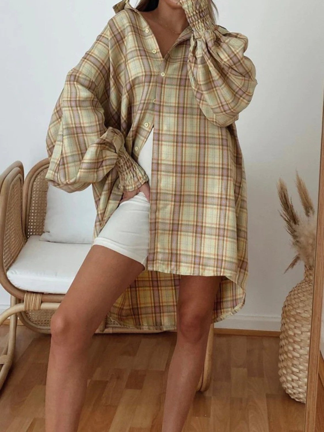 Plaid Lantern Sleeve Shirt - Grace Beauty H&C