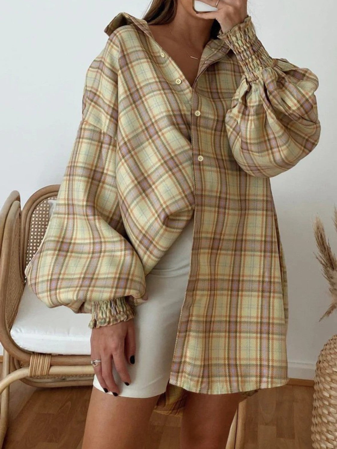 Plaid Lantern Sleeve Shirt - Grace Beauty H&C