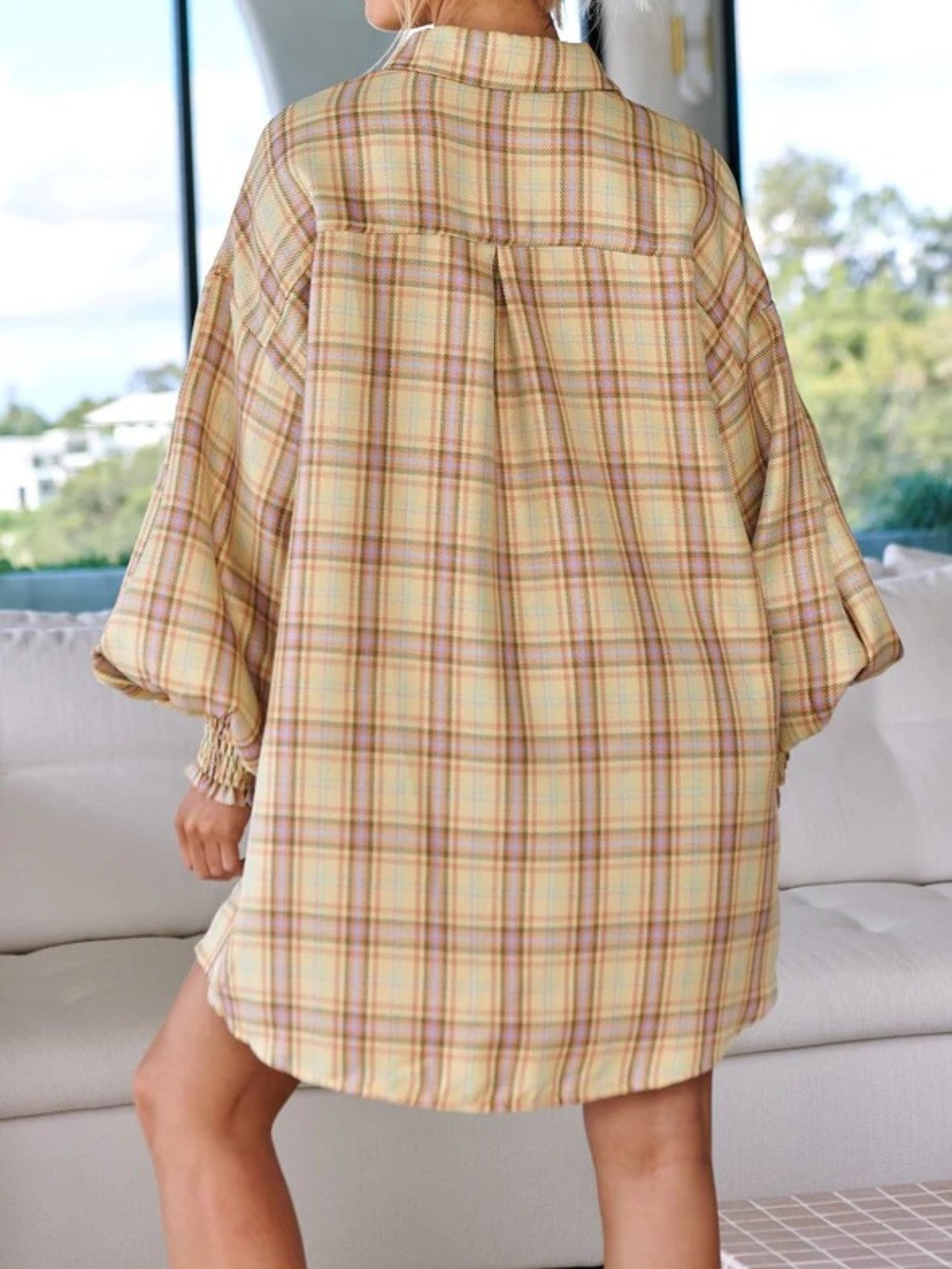 Plaid Lantern Sleeve Shirt - Grace Beauty H&C