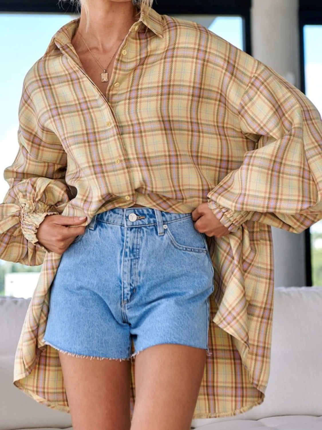 Plaid Lantern Sleeve Shirt - Grace Beauty H&C