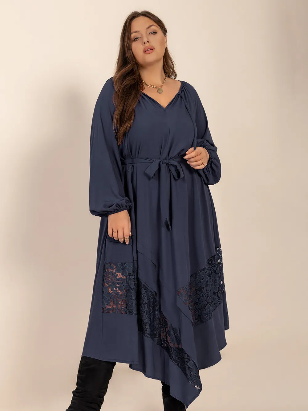 Plus Size Lace Detail Tie Neck Long Sleeve Midi Dress - Grace Beauty H&C