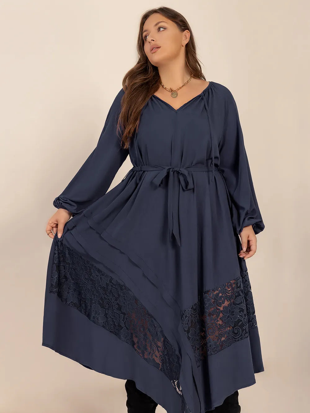Plus Size Lace Detail Tie Neck Long Sleeve Midi Dress - Grace Beauty H&C