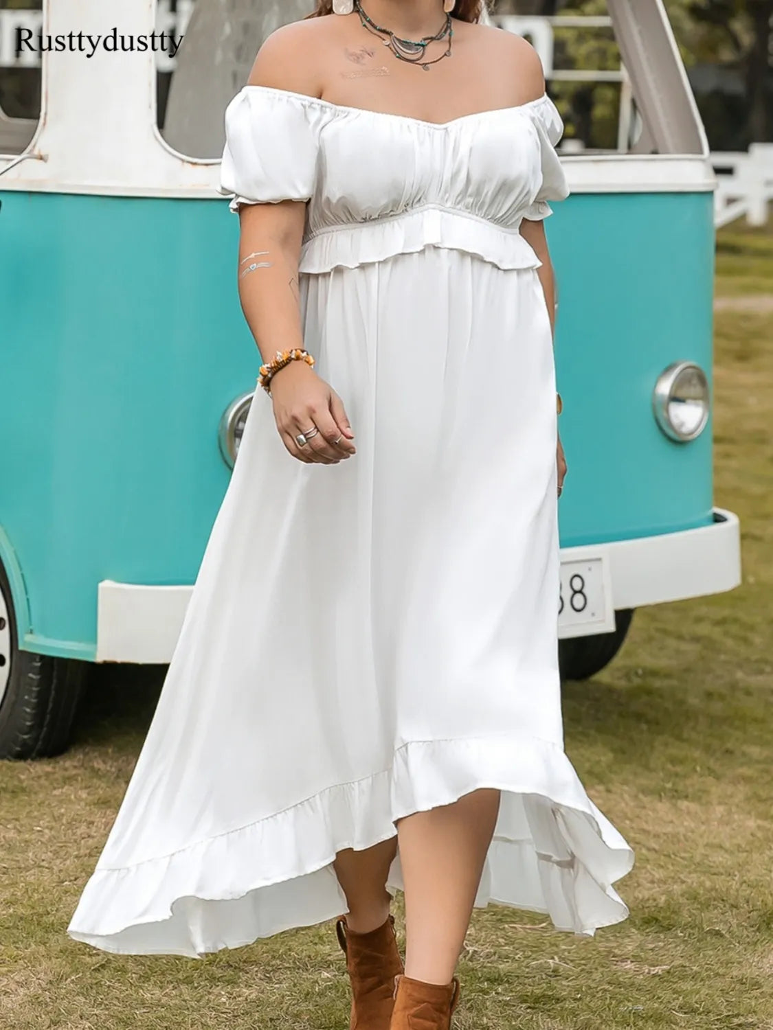 Plus Size Ruffled Hem Off-Shoulder Dress - Grace Beauty H&C