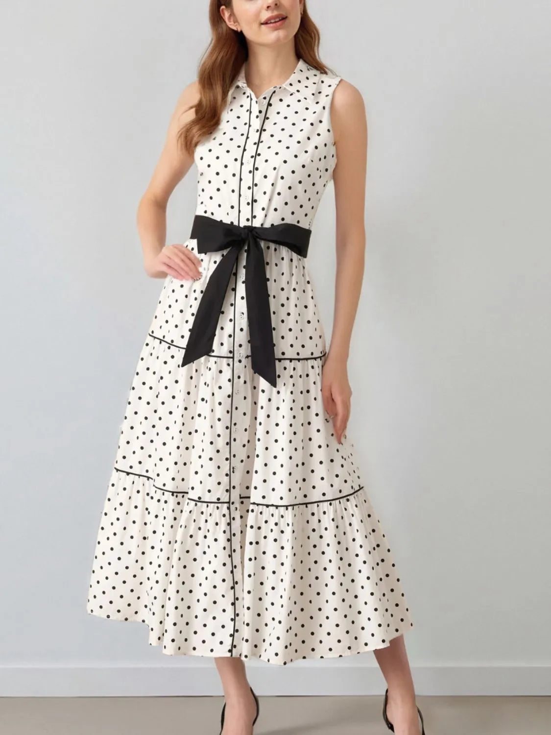 Polka Dot Sleeveless Midi Shirt Dress - Grace Beauty H&C