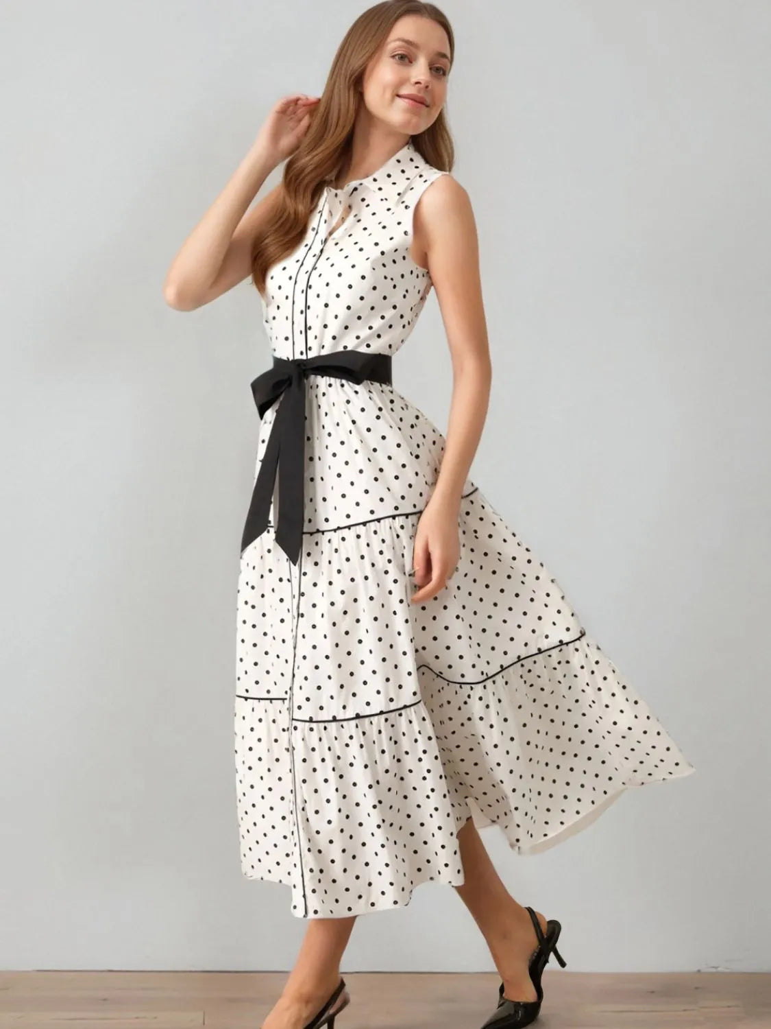 Polka Dot Sleeveless Midi Shirt Dress - Grace Beauty H&C