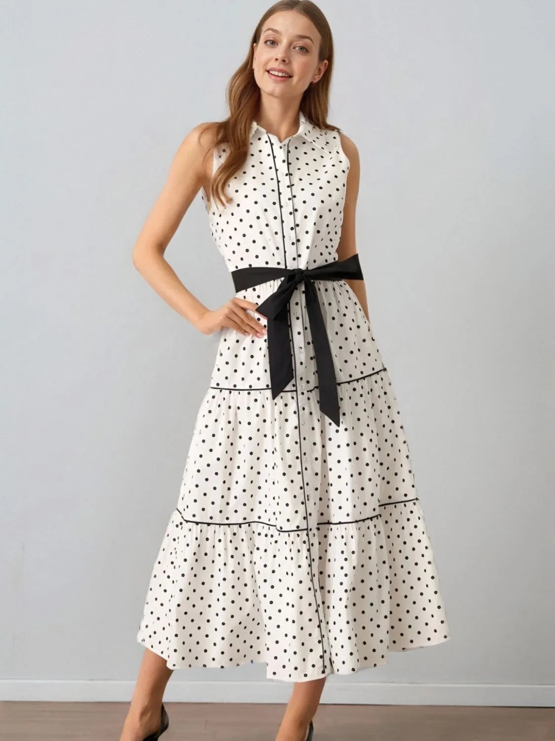 Polka Dot Sleeveless Midi Shirt Dress - Grace Beauty H&C