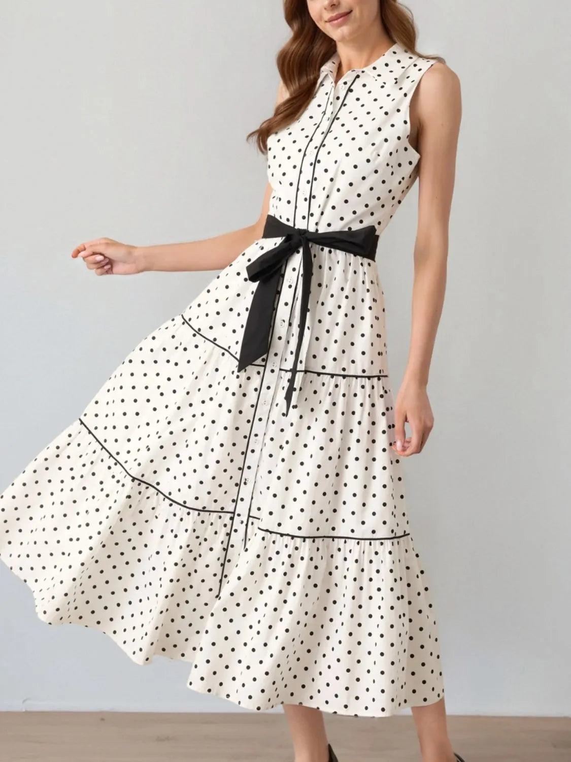 Polka Dot Sleeveless Midi Shirt Dress - Grace Beauty H&C
