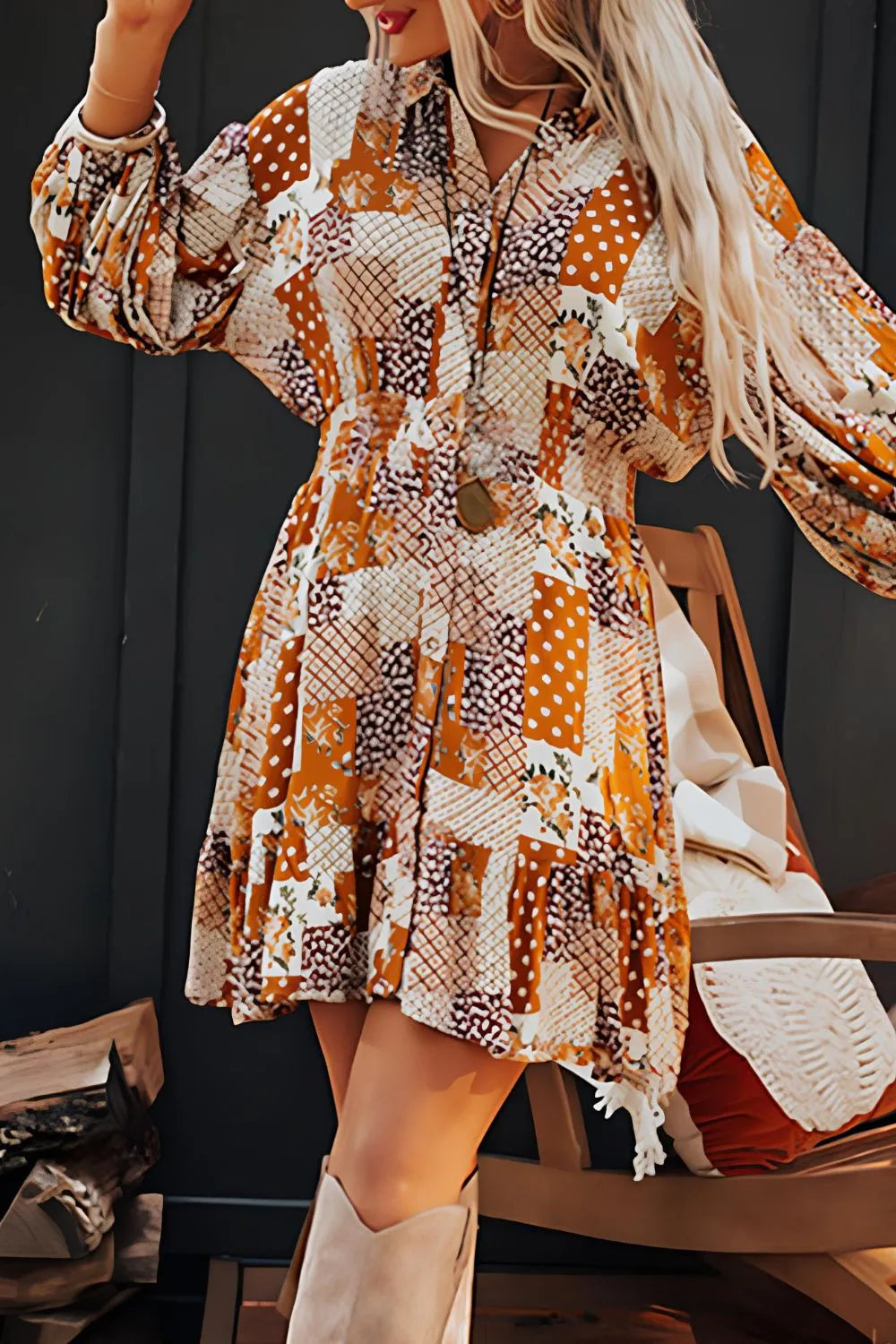 Printed Collared Neck Three-Quarter Sleeve Mini Shirt Dress - Grace Beauty H&C