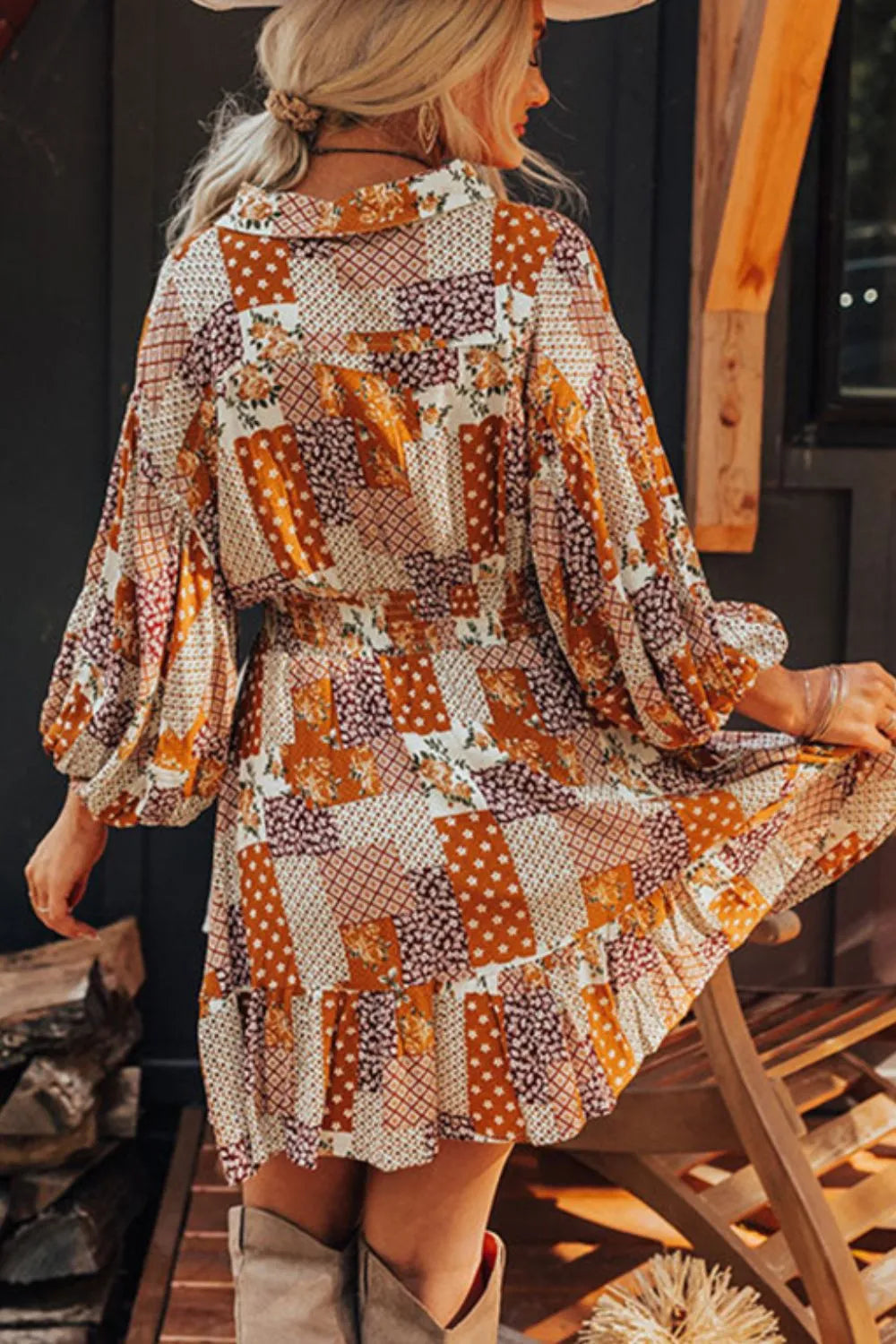 Printed Collared Neck Three-Quarter Sleeve Mini Shirt Dress - Grace Beauty H&C