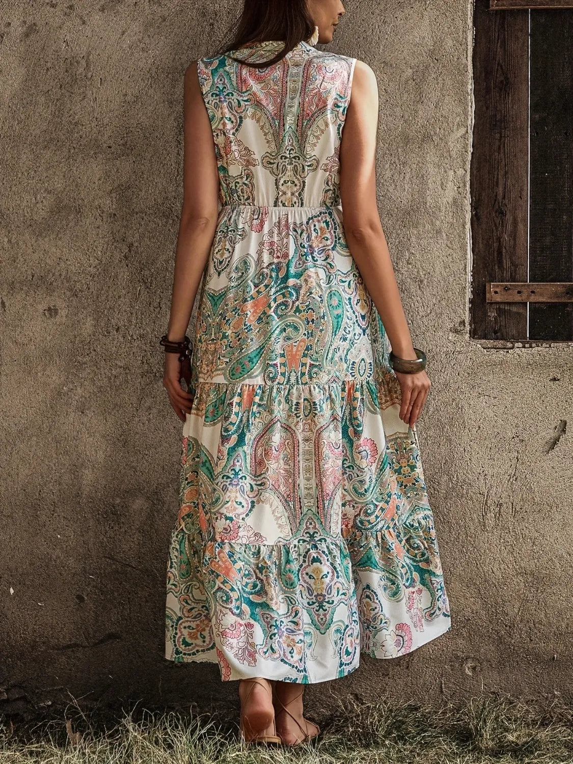 Printed Notched Sleeveless Dress - Grace Beauty H&C