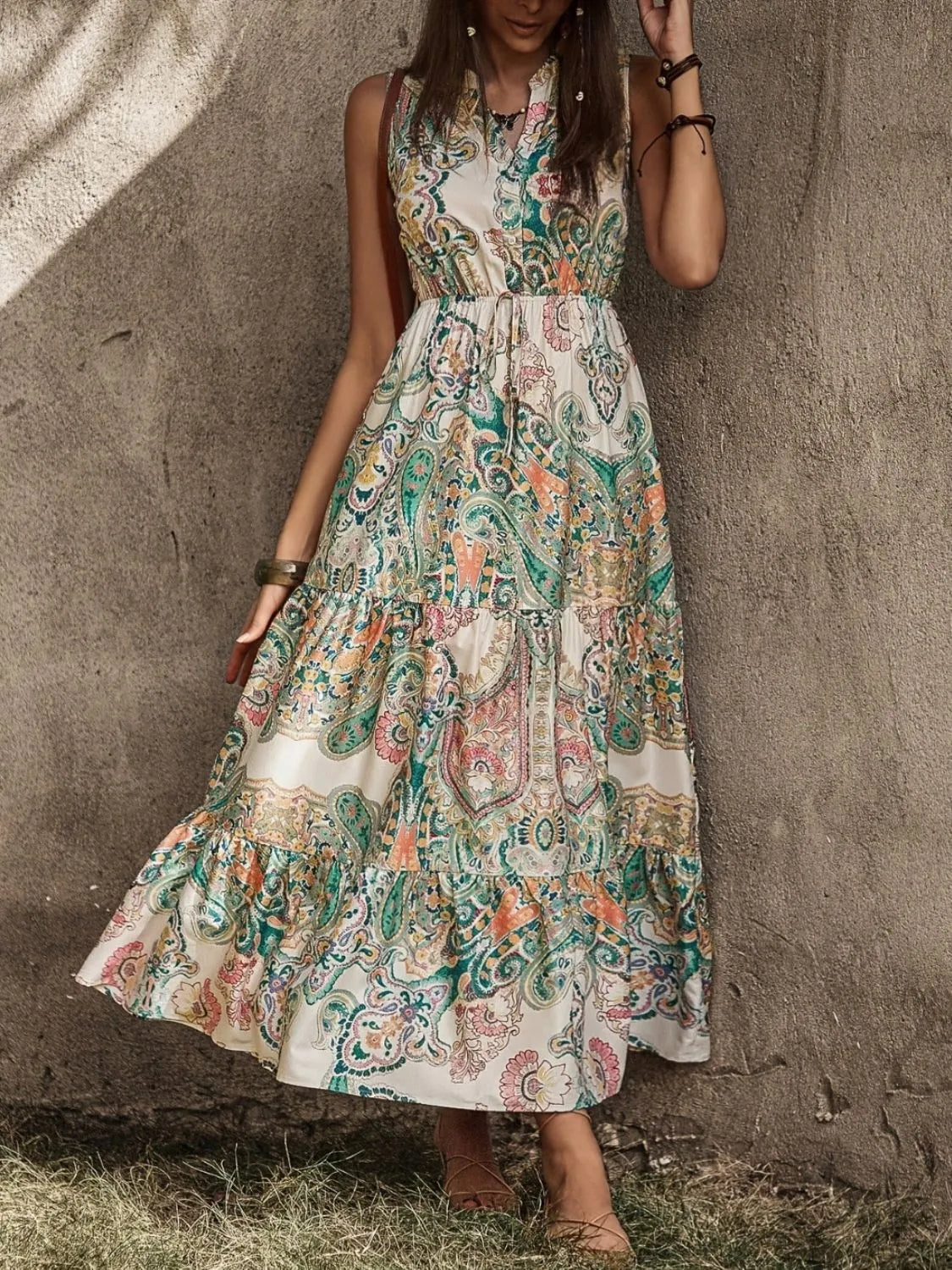 Printed Notched Sleeveless Dress - Grace Beauty H&C