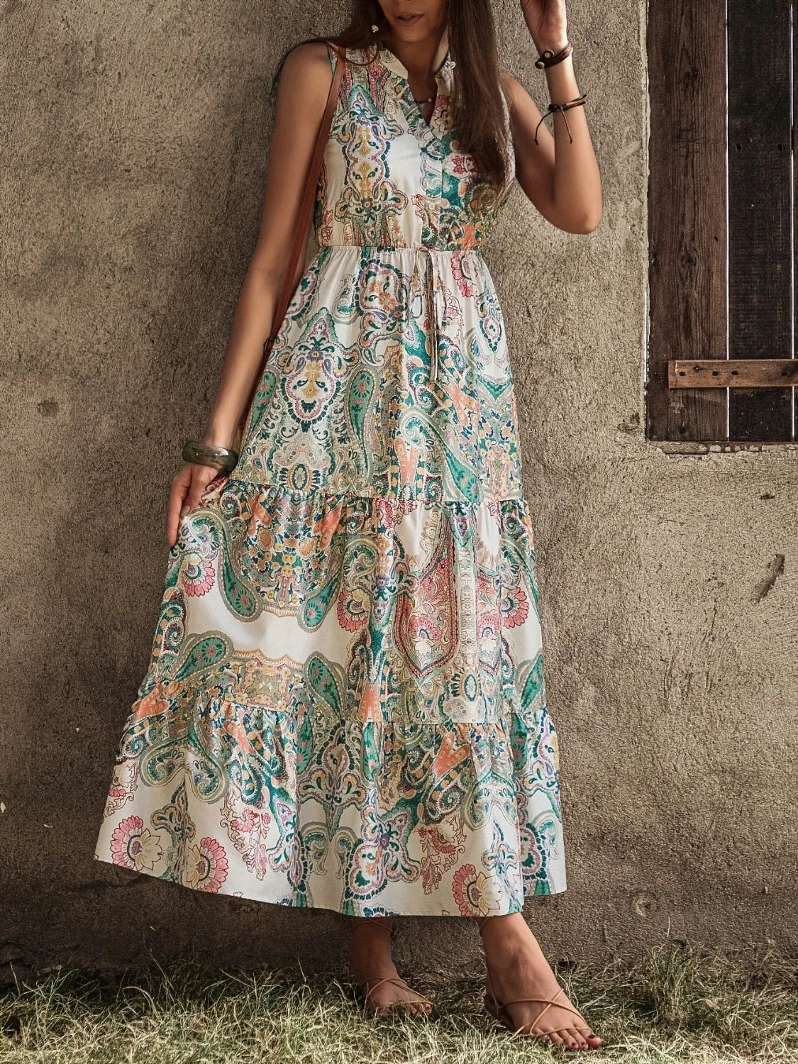 Printed Notched Sleeveless Dress - Grace Beauty H&C