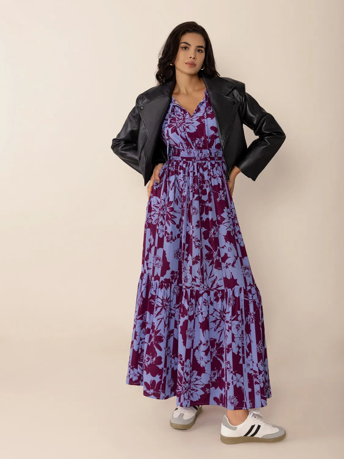 Printed Tie Neck Balloon Sleeve Maxi Dress - Grace Beauty H&C