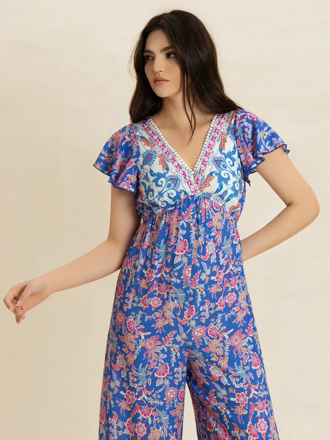 Printed V-Neck Wide Leg Jumpsuit - Grace Beauty H&C