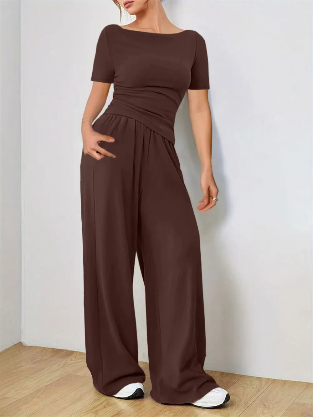 Round Neck Short Sleeve T-Shirt and Pants Set - Grace Beauty H&C