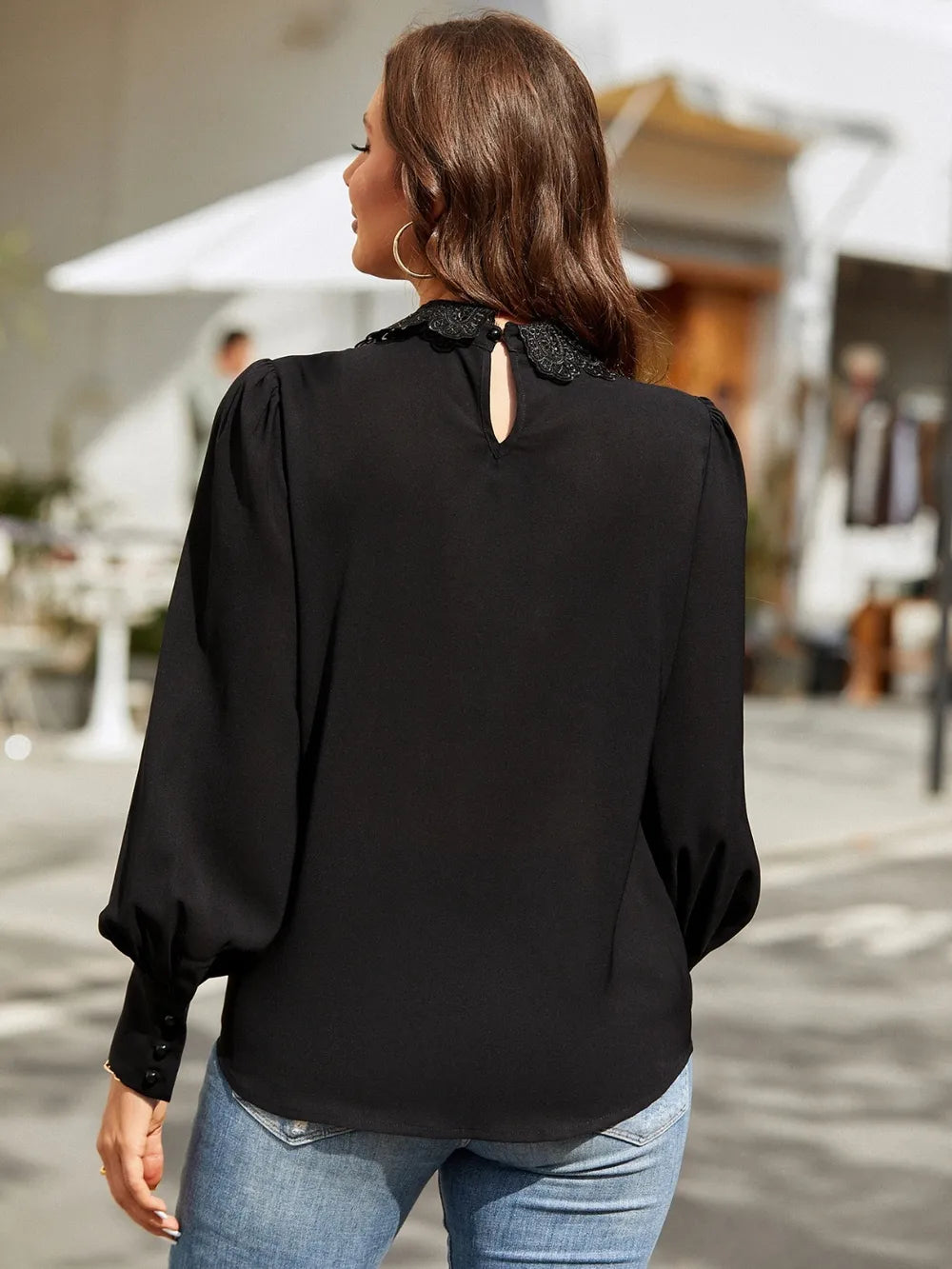 Ruched Keyhole Lantern Sleeve Shirt - Grace Beauty H&C