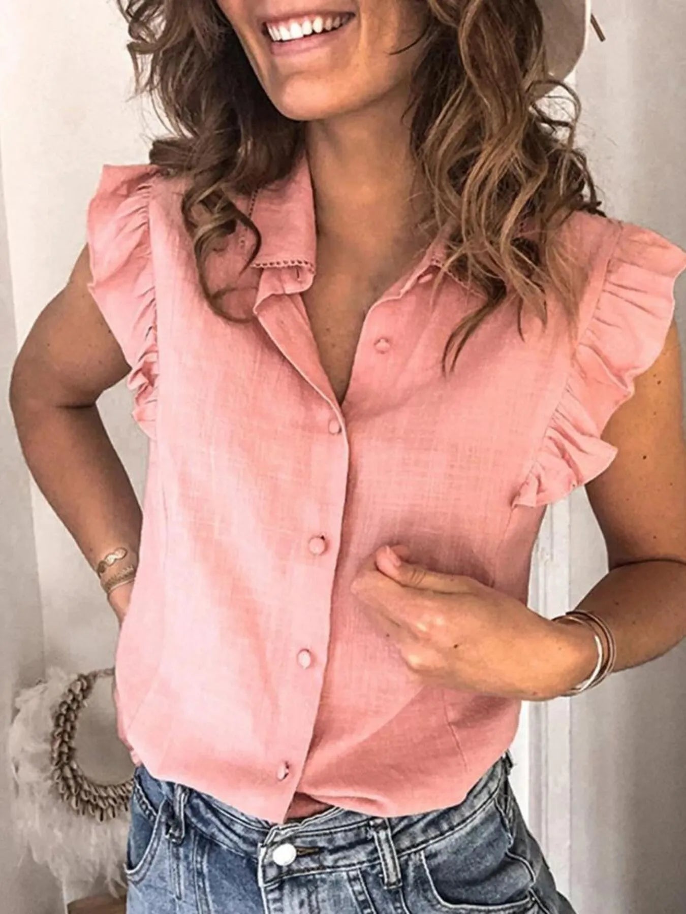 Ruffle Sleeve Button-Up Shirt - Grace Beauty H&C