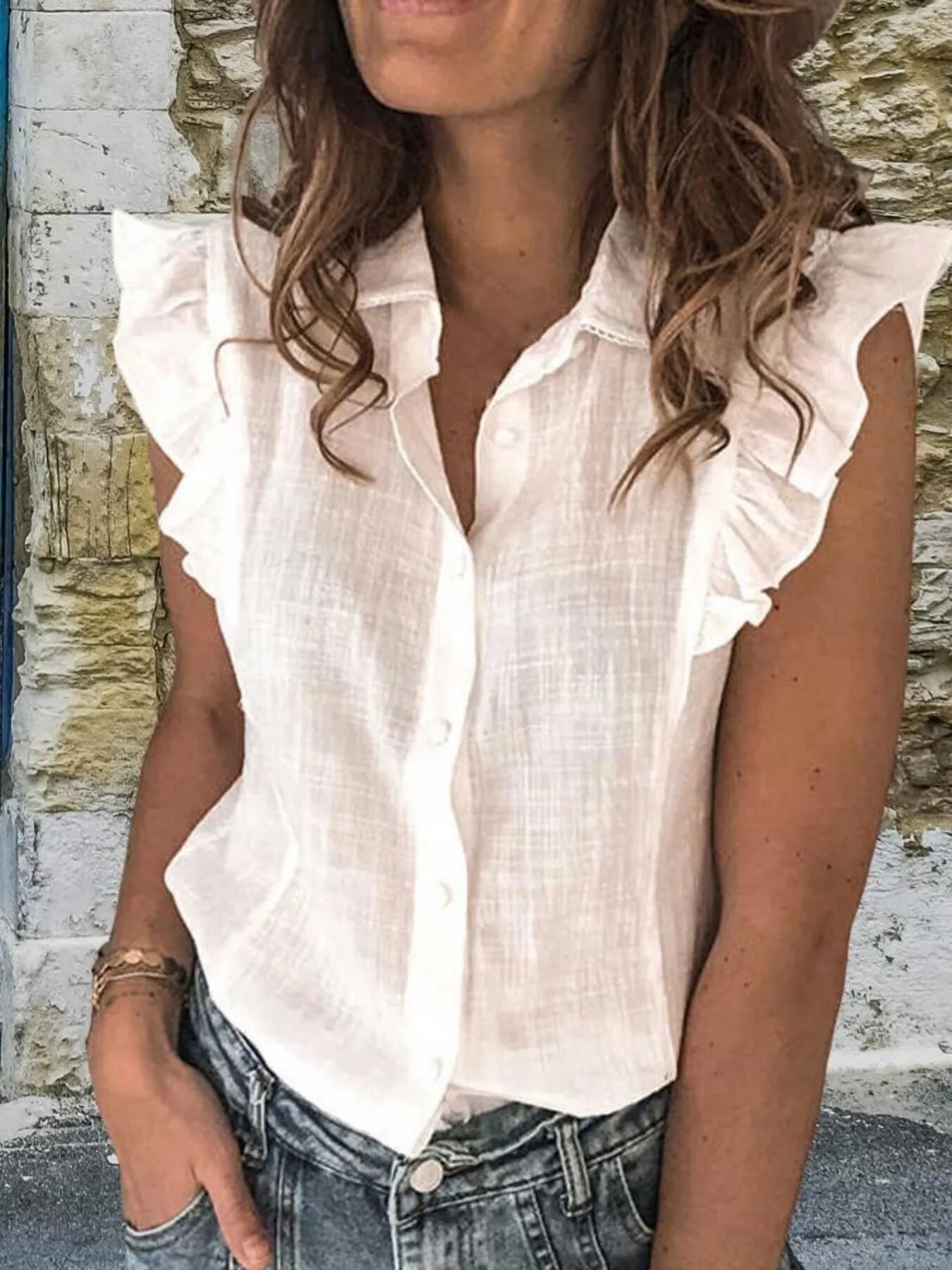 Ruffle Sleeve Button-Up Shirt - Grace Beauty H&C