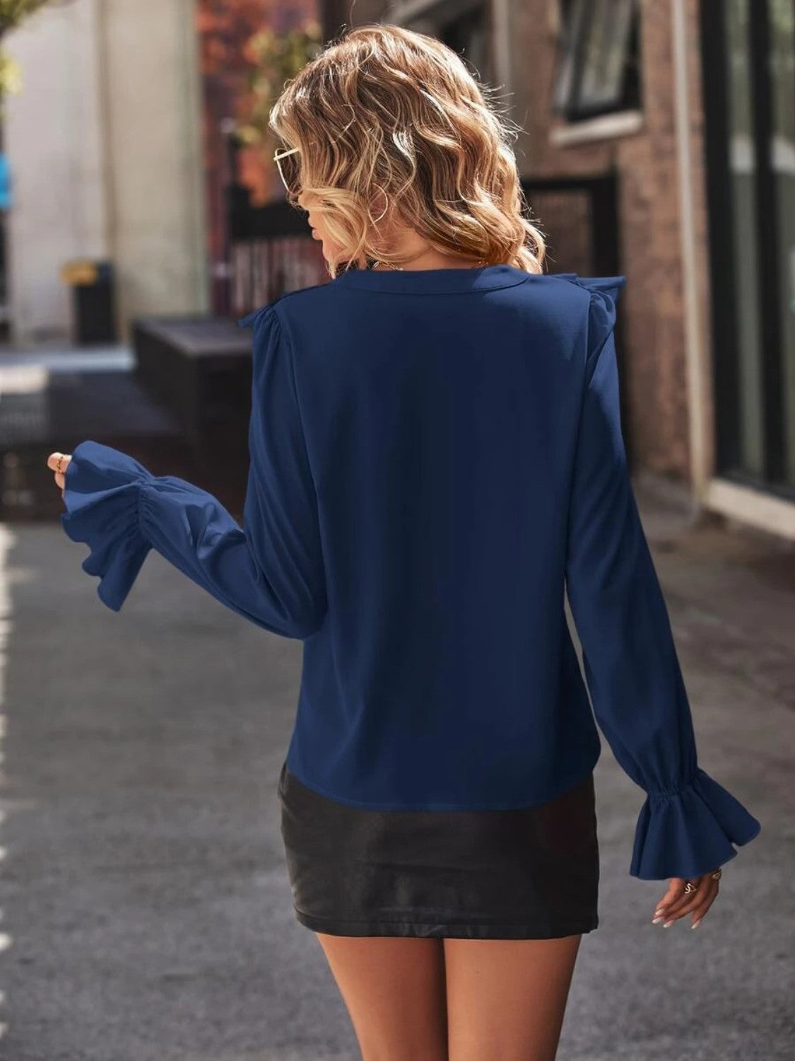 Ruffled V-Neck Flounce Sleeve Shirt - Grace Beauty H&C