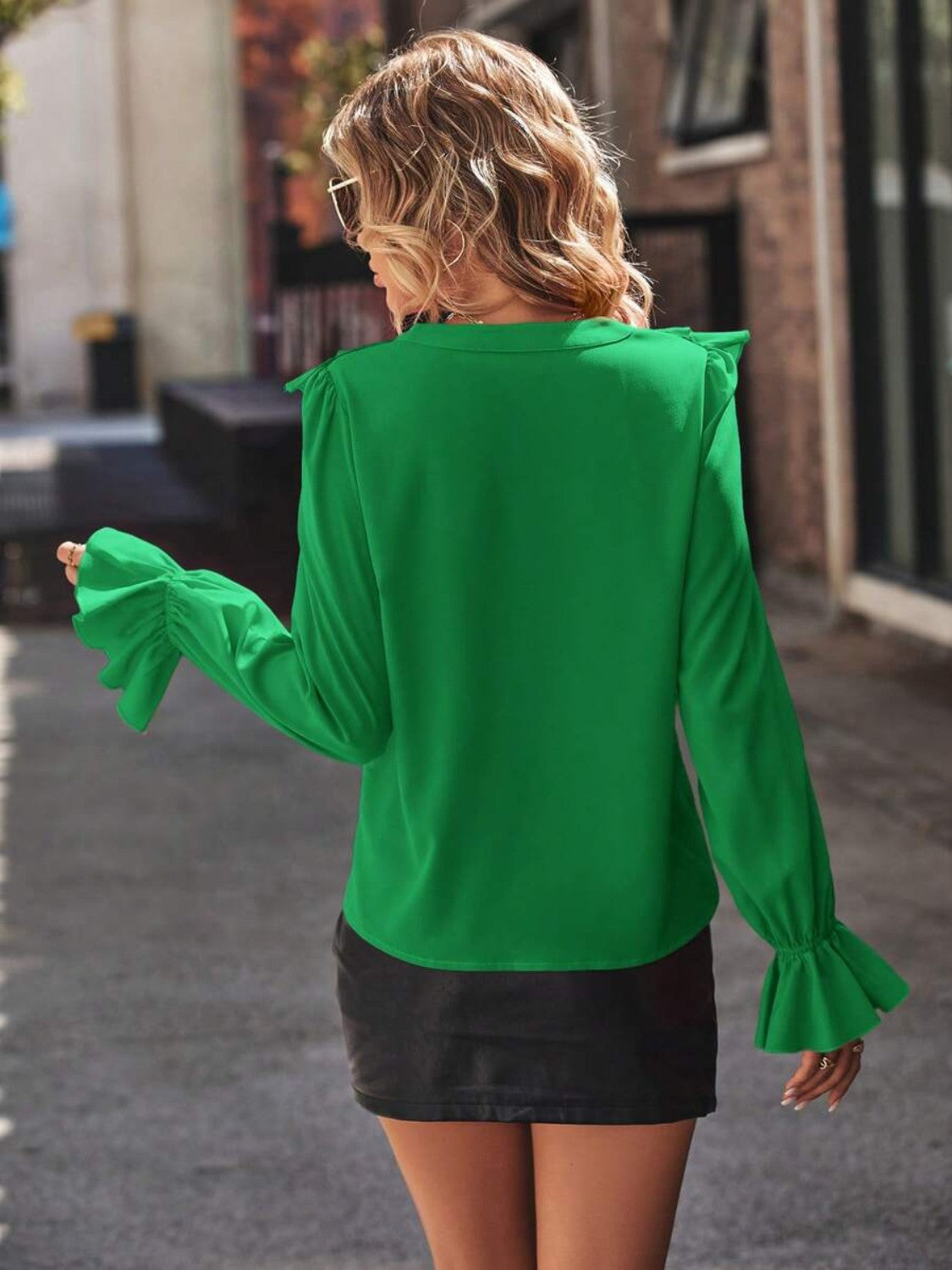 Ruffled V-Neck Flounce Sleeve Shirt - Grace Beauty H&C