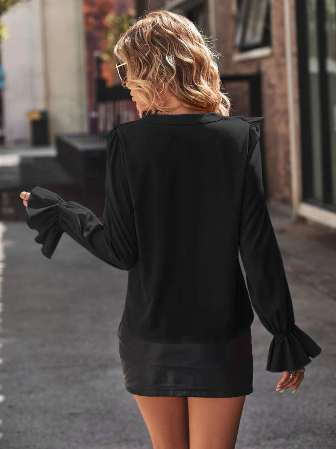 Ruffled V-Neck Flounce Sleeve Shirt - Grace Beauty H&C