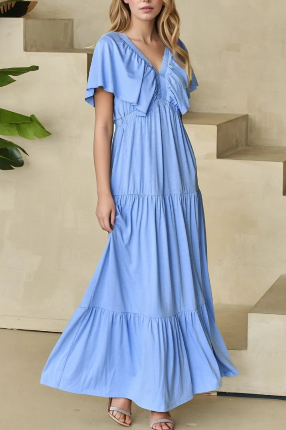 Ruffled V Neck Flutter Sleeve Maxi Dress - Grace Beauty H&C