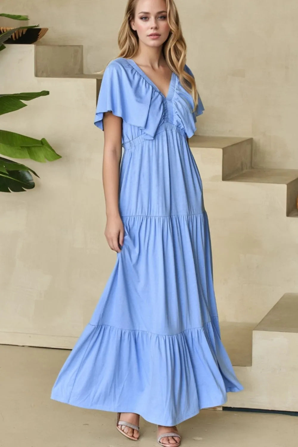 Ruffled V Neck Flutter Sleeve Maxi Dress - Grace Beauty H&C