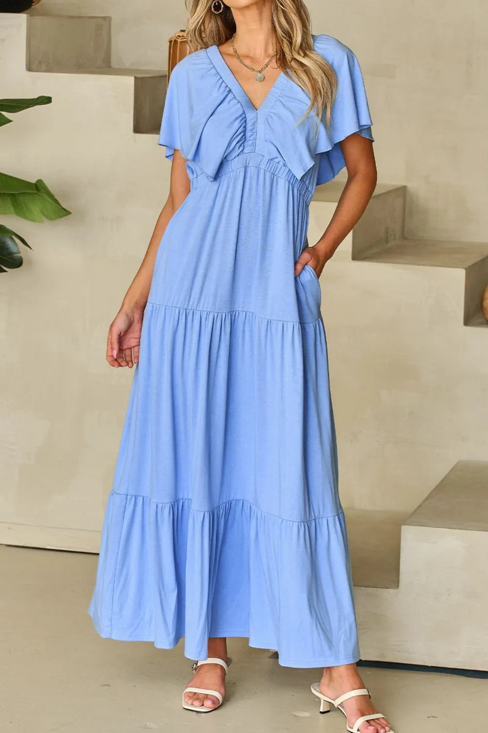 Ruffled V Neck Flutter Sleeve Maxi Dress - Grace Beauty H&C