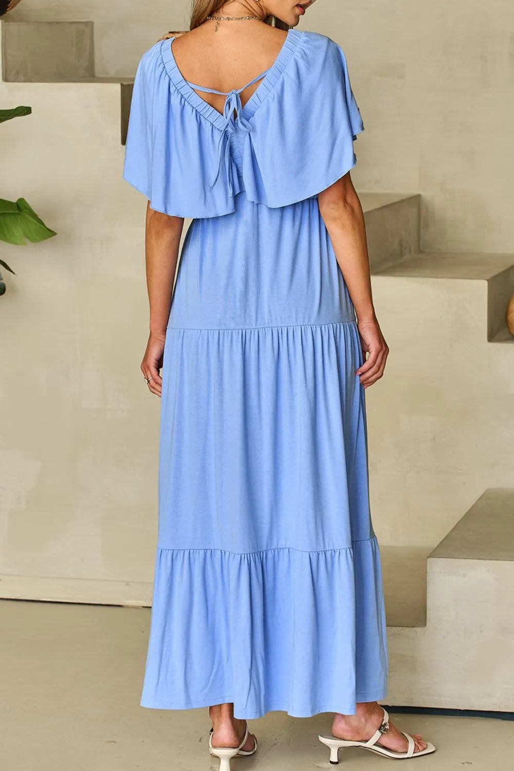 Ruffled V Neck Flutter Sleeve Maxi Dress - Grace Beauty H&C