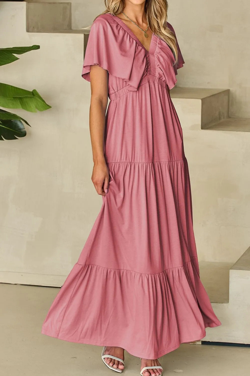 Ruffled V Neck Flutter Sleeve Maxi Dress - Grace Beauty H&C