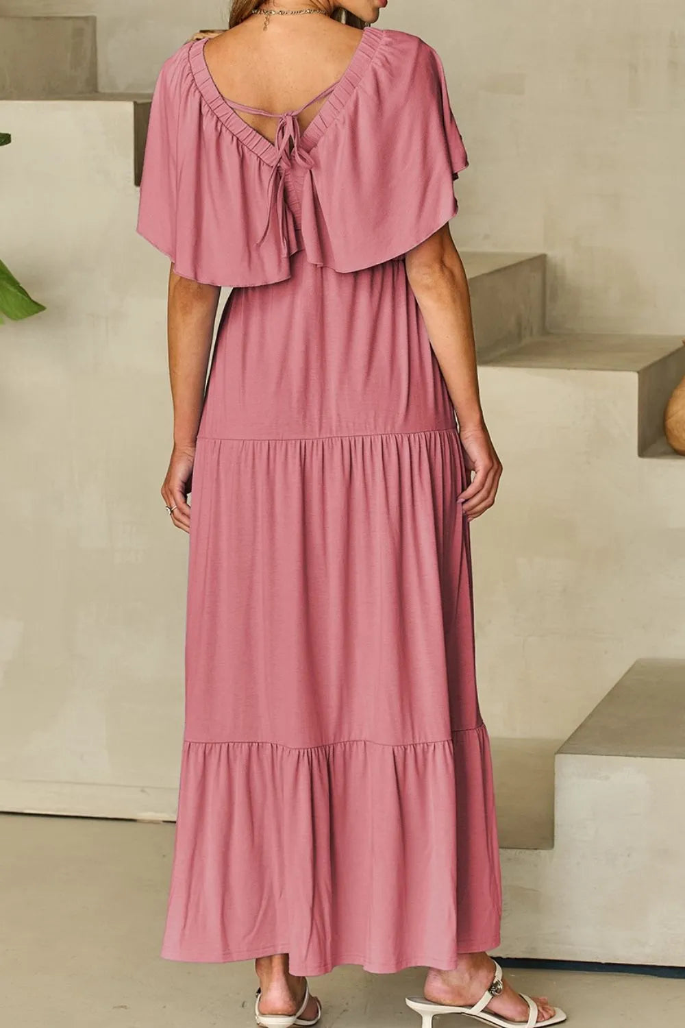 Ruffled V Neck Flutter Sleeve Maxi Dress - Grace Beauty H&C