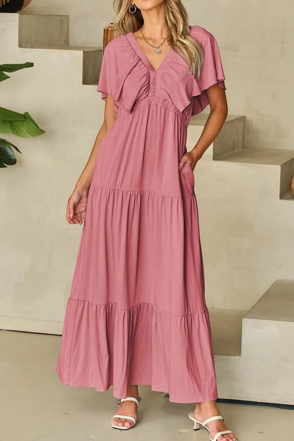Ruffled V Neck Flutter Sleeve Maxi Dress - Grace Beauty H&C