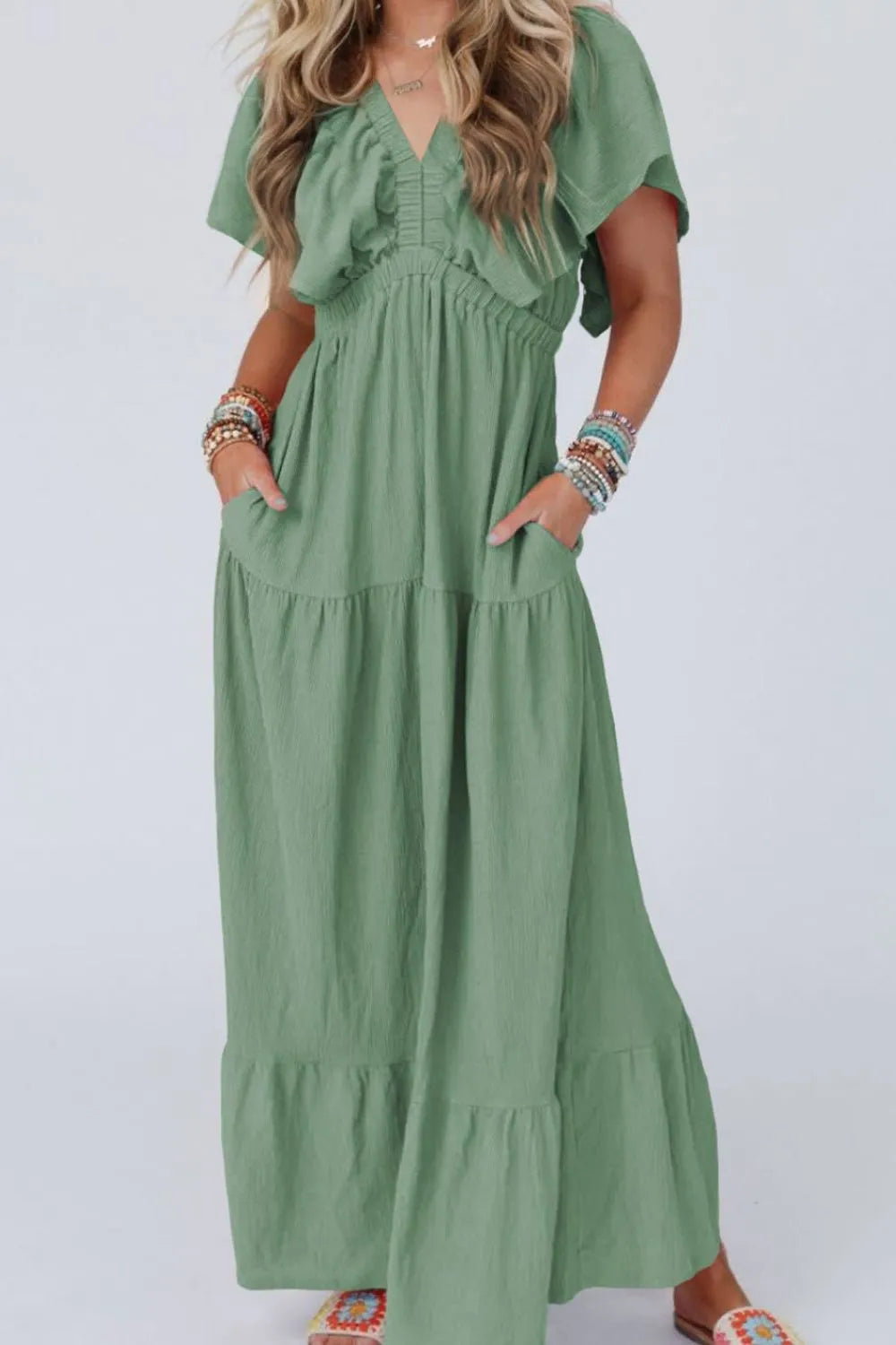 Ruffled V Neck Flutter Sleeve Maxi Dress - Grace Beauty H&C