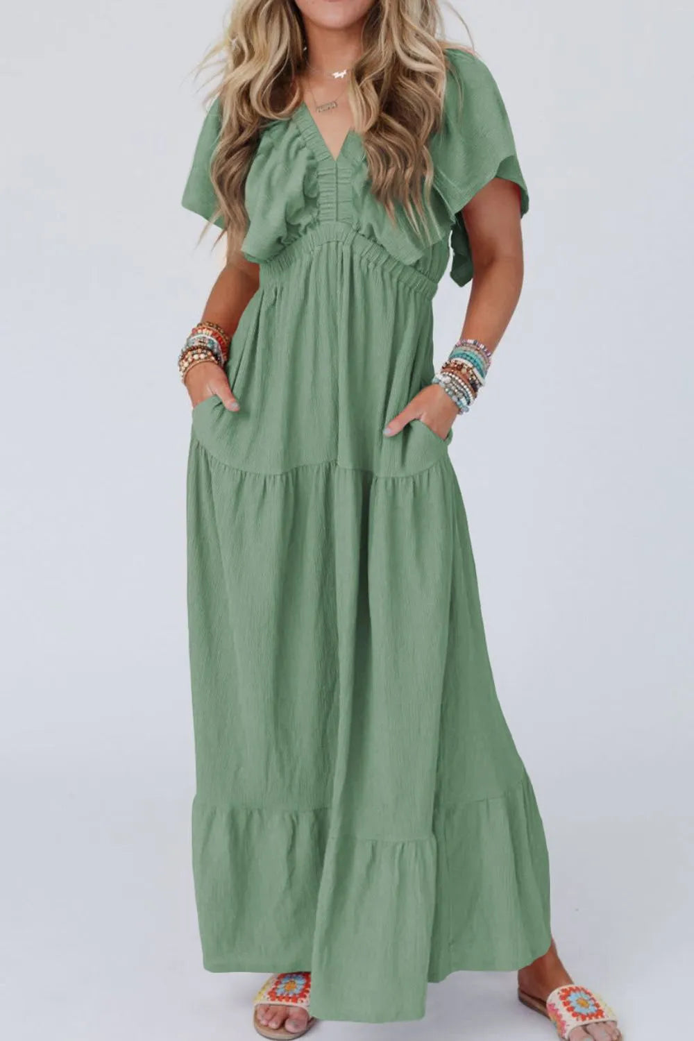 Ruffled V Neck Flutter Sleeve Maxi Dress - Grace Beauty H&C