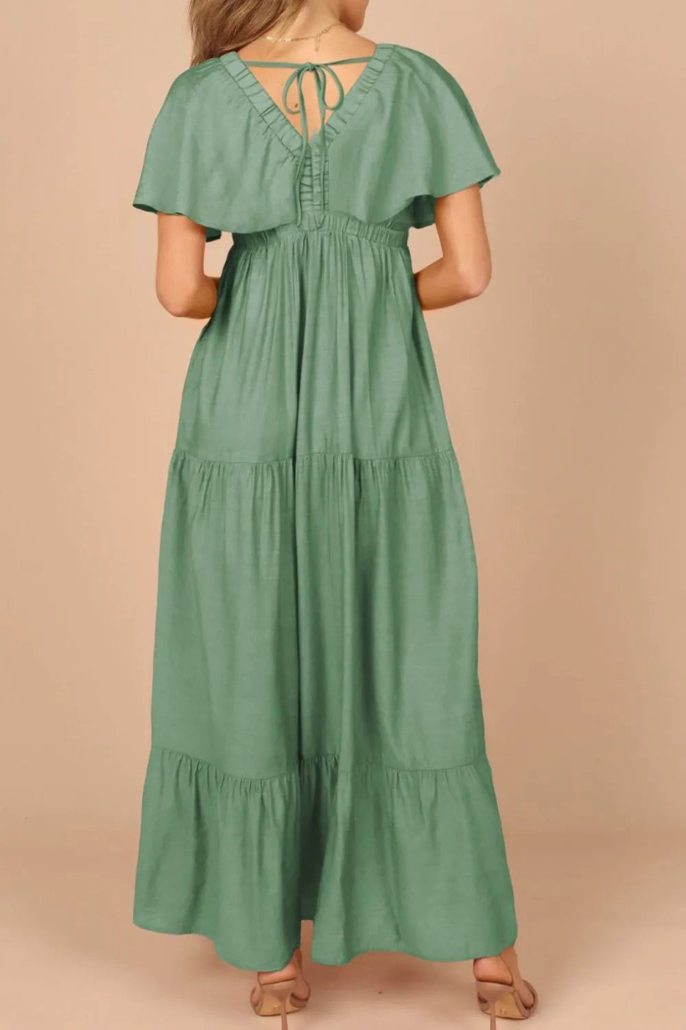 Ruffled V Neck Flutter Sleeve Maxi Dress - Grace Beauty H&C