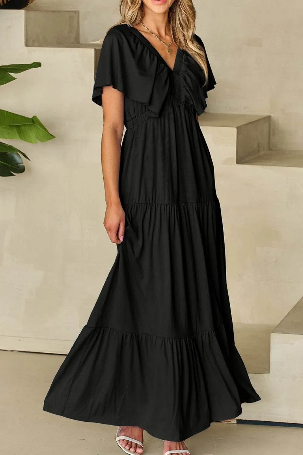Ruffled V Neck Flutter Sleeve Maxi Dress - Grace Beauty H&C