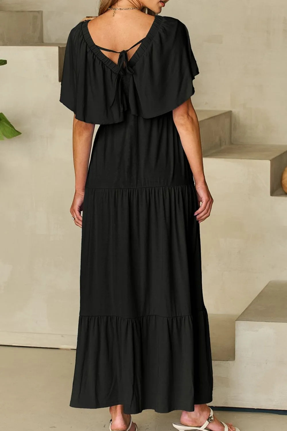 Ruffled V Neck Flutter Sleeve Maxi Dress - Grace Beauty H&C