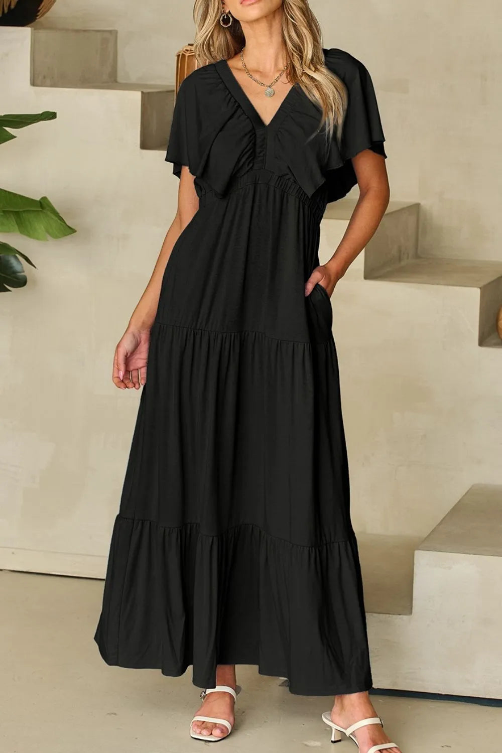 Ruffled V Neck Flutter Sleeve Maxi Dress - Grace Beauty H&C