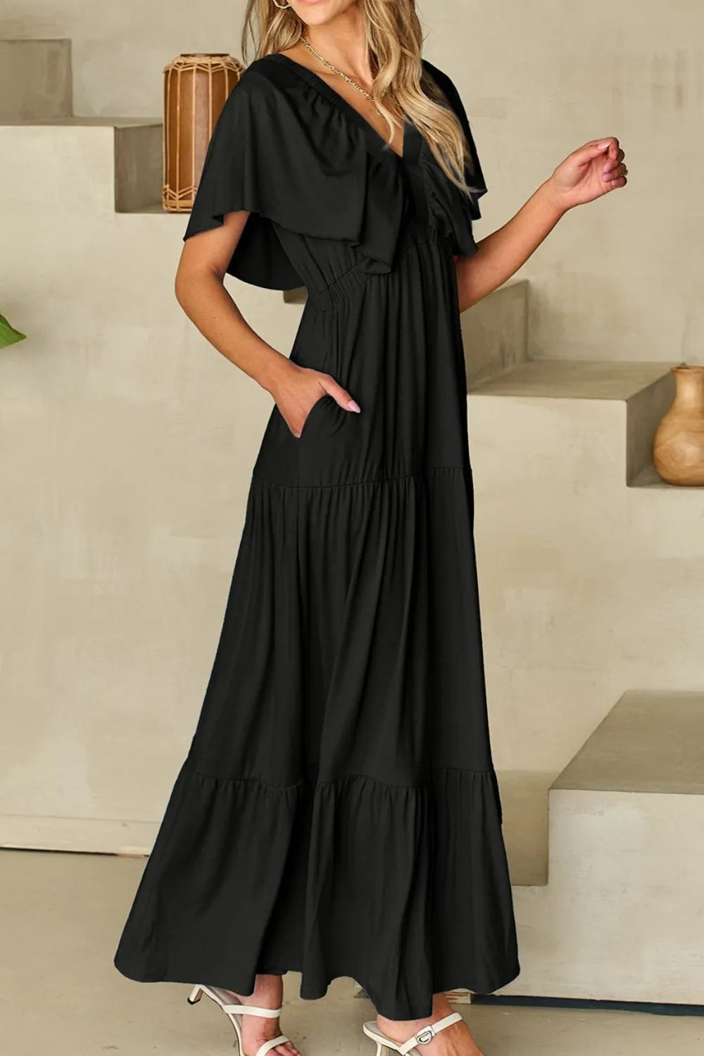 Ruffled V Neck Flutter Sleeve Maxi Dress - Grace Beauty H&C