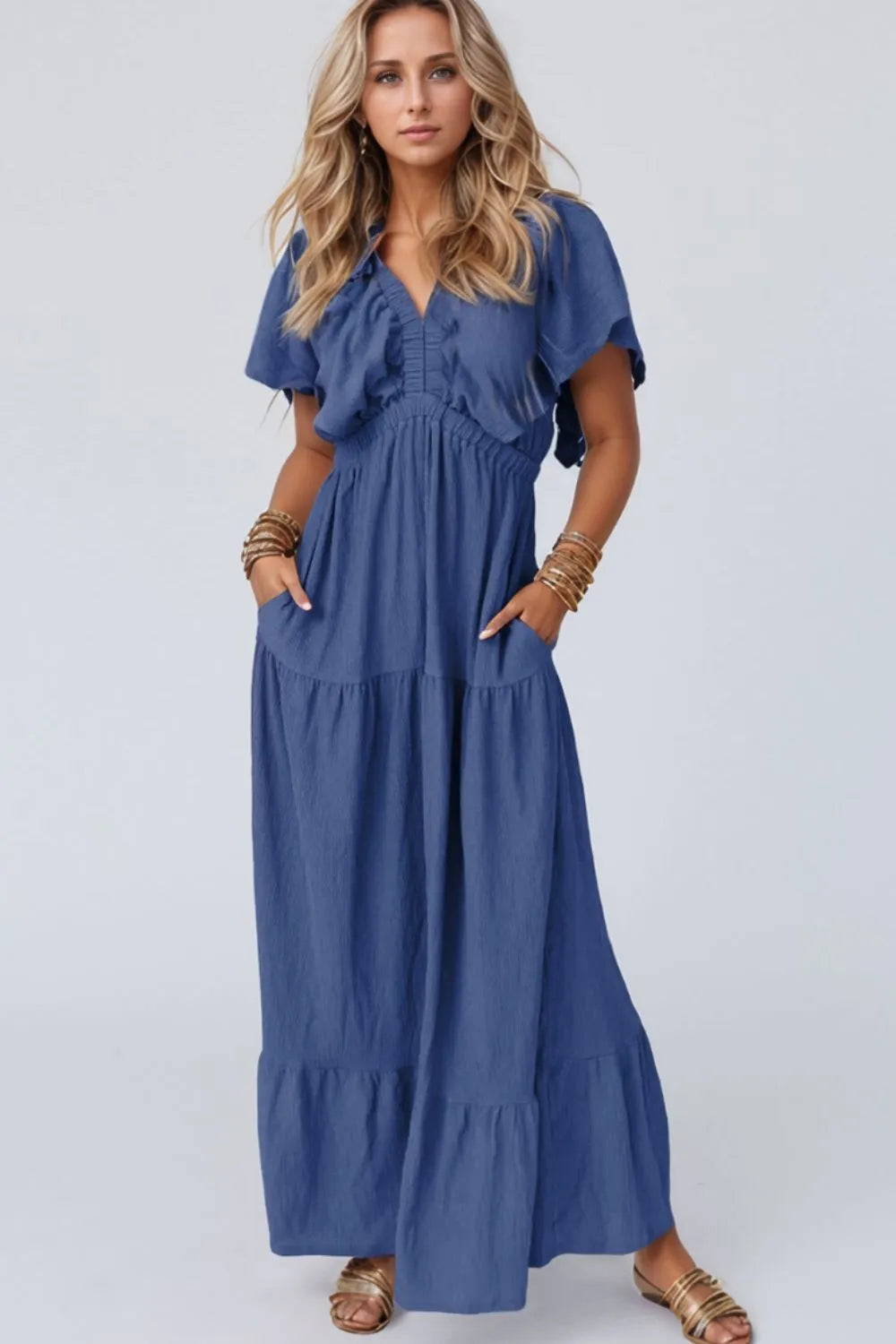Ruffled V-Neck Short Sleeve Maxi Dress - Grace Beauty H&C