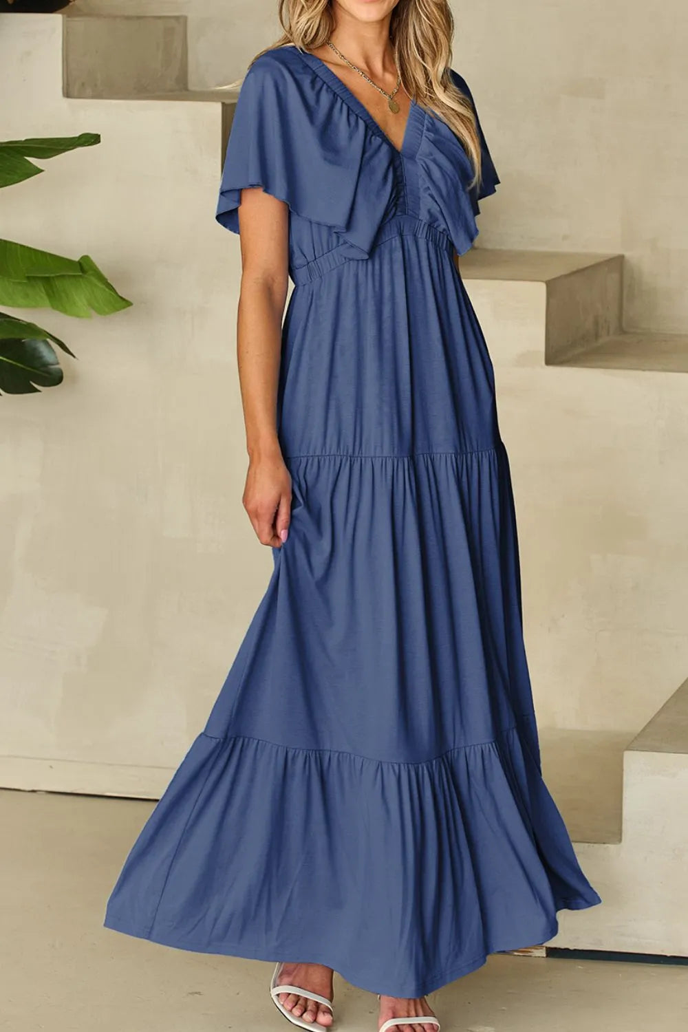 Ruffled V-Neck Short Sleeve Maxi Dress - Grace Beauty H&C