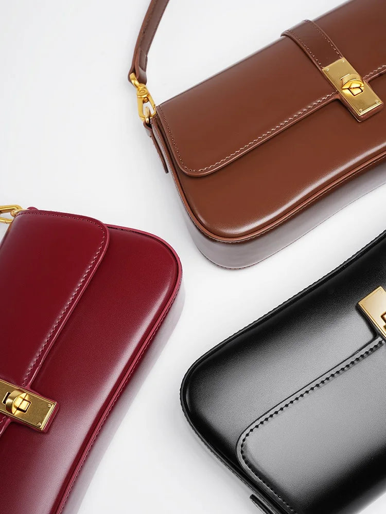 Genuine Leather Women Baguette Shoulder Bag Luxury Cowhide Solid Color Handbag Underarm Bag Fashion Ladies Shopping Bag Gift - Grace Beauty H&C