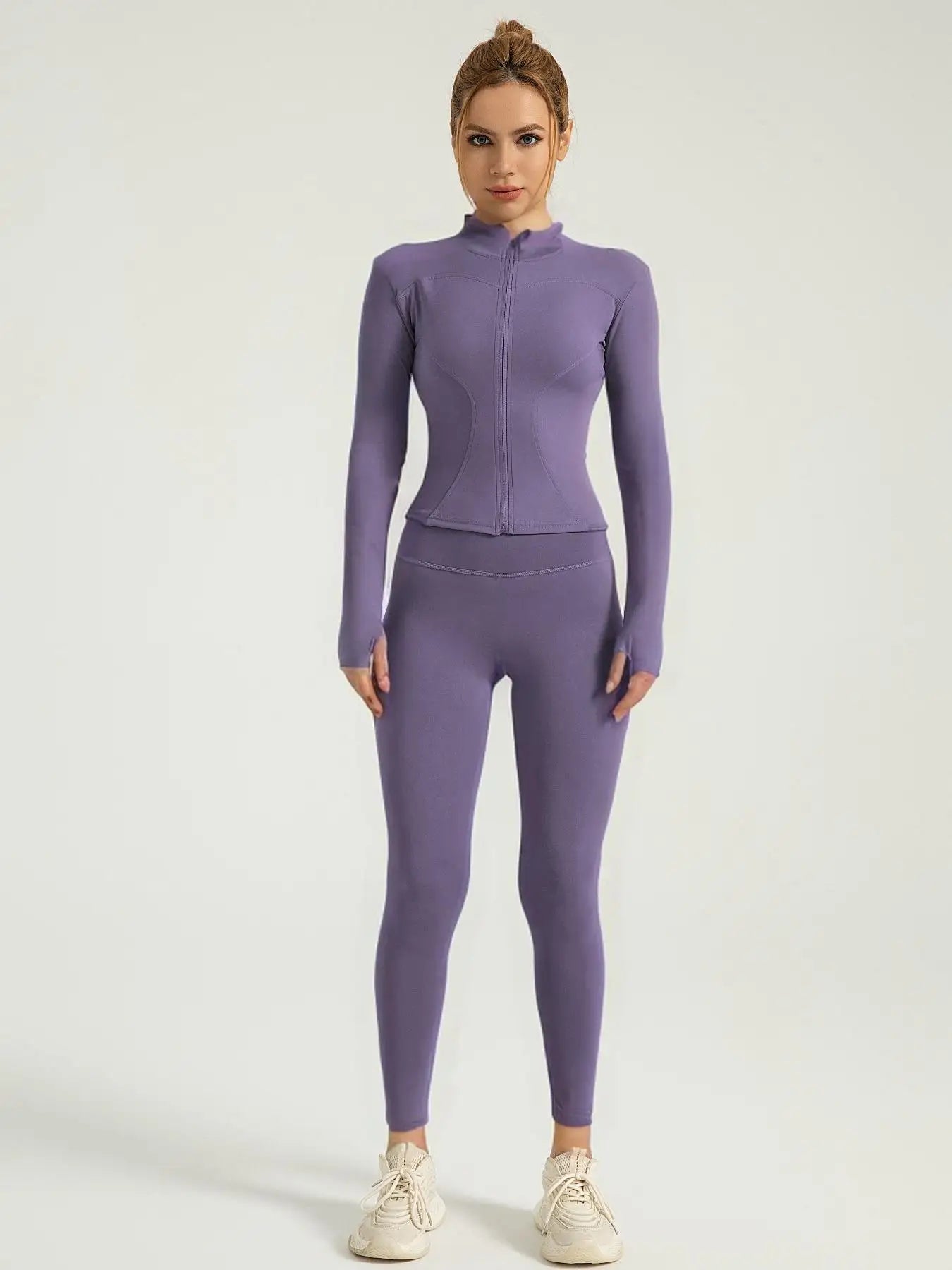 Two-piece Set Women's Solid Zip UpMock Neck Sports - Grace Beauty H&C