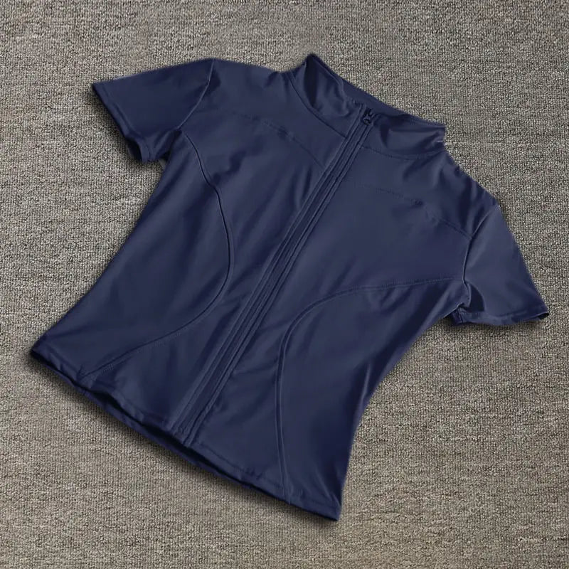 Summer High Quality Waist Slimming Training Tops Women's Quick-drying Tight Stand Collar Full Zipper Short Sleeves Yoga shirts - Grace Beauty H&C