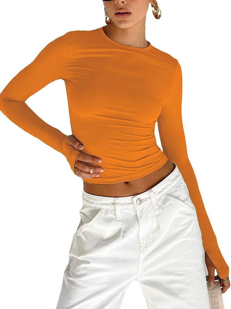 Fashion Women T-shirt Long Sleeve Crew Neck Solid Slim Fit Ladies Crop Top with Thumb Holes for Daily Streetwear Summer Camis - Grace Beauty H&C