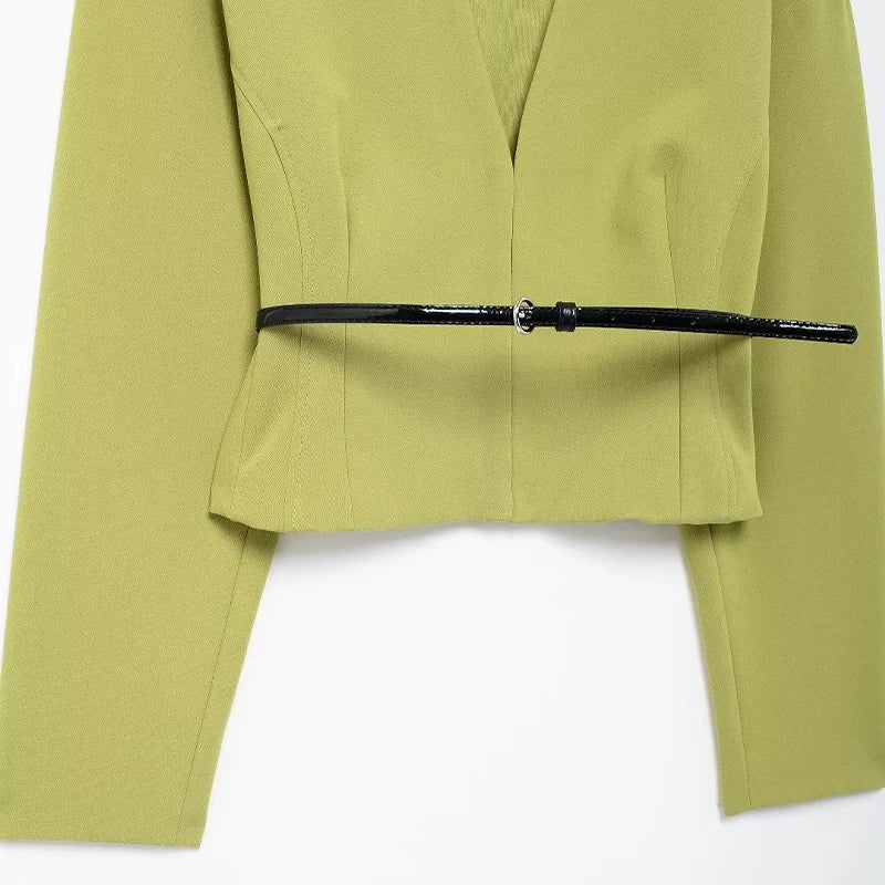Willshela Women Fashion With Belt Green Cropped Blouse Vintage V-Neck Long Sleeves Female Chic Lady Shirts - Grace Beauty H&C