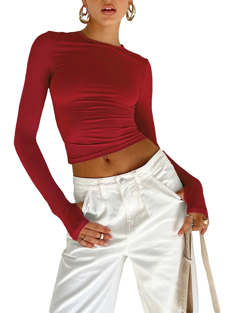 Fashion Women T-shirt Long Sleeve Crew Neck Solid Slim Fit Ladies Crop Top with Thumb Holes for Daily Streetwear Summer Camis - Grace Beauty H&C