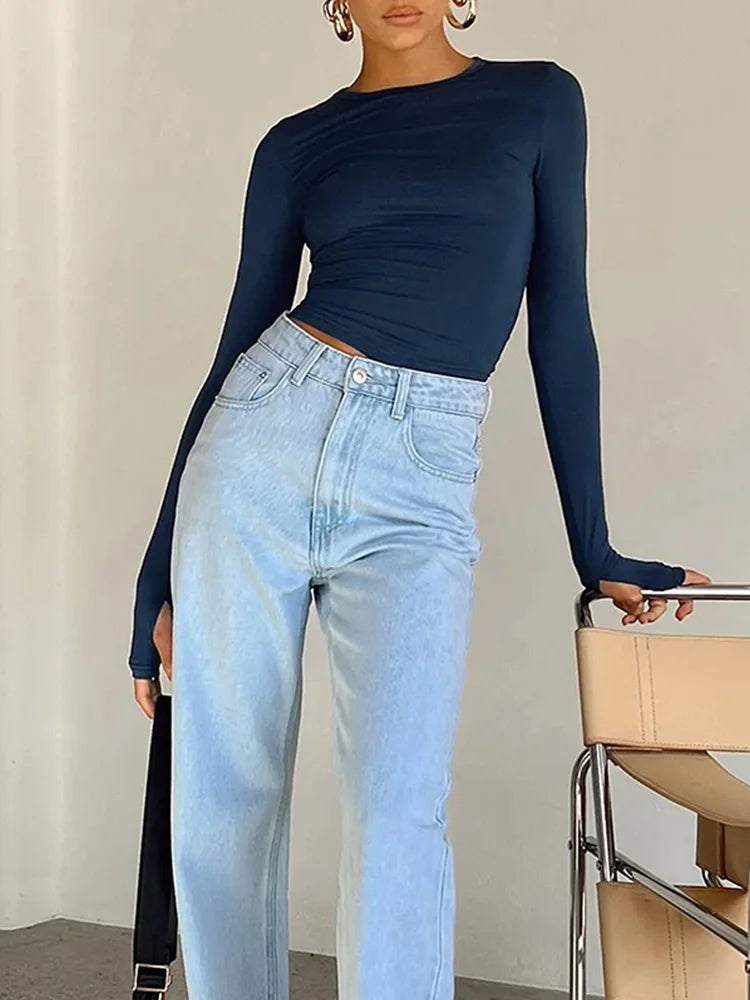 Fashion Women T-shirt Long Sleeve Crew Neck Solid Slim Fit Ladies Crop Top with Thumb Holes for Daily Streetwear Summer Camis - Grace Beauty H&C