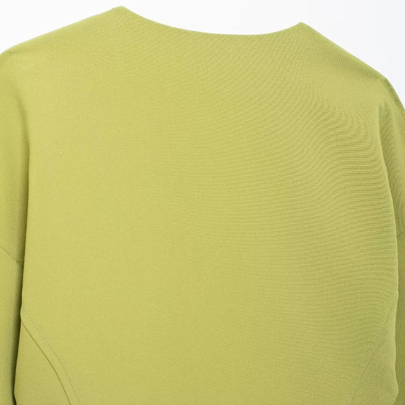 Willshela Women Fashion With Belt Green Cropped Blouse Vintage V-Neck Long Sleeves Female Chic Lady Shirts - Grace Beauty H&C