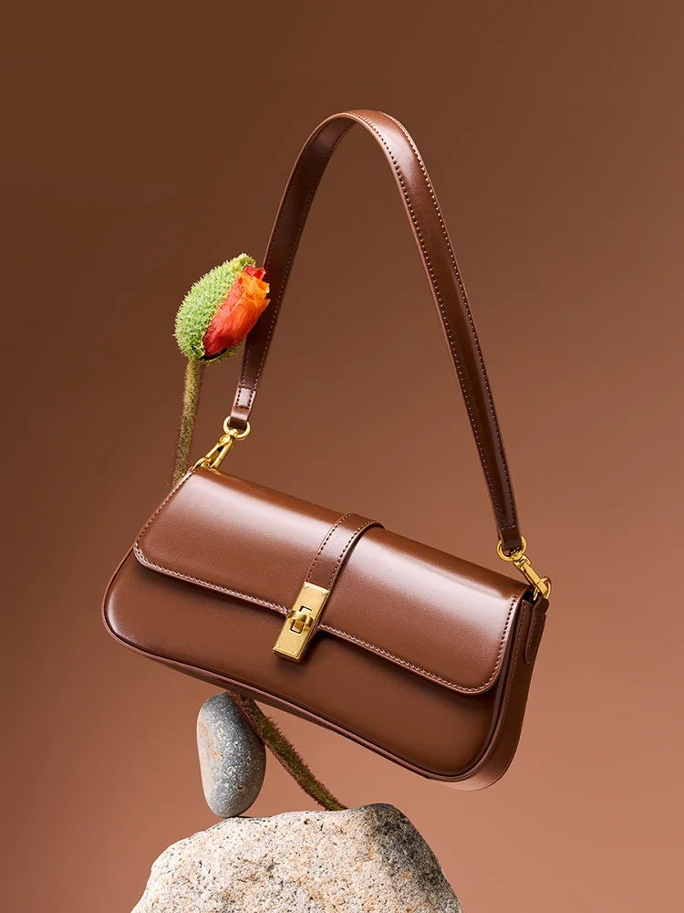 Genuine Leather Women Baguette Shoulder Bag Luxury Cowhide Solid Color Handbag Underarm Bag Fashion Ladies Shopping Bag Gift - Grace Beauty H&C